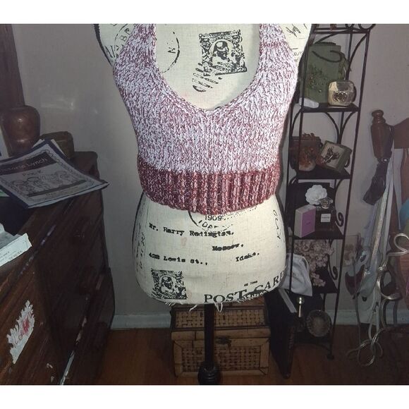 FREE PEOPLE Knit Halter Top - Burgundy and White Size Small Petite - Picture 5 of 14
